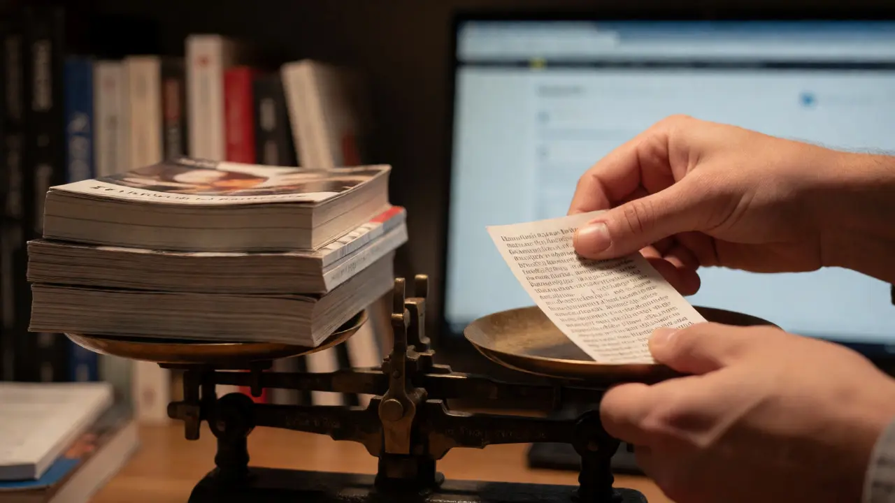 Hands weighing newspaper clips against self-published books on a scale