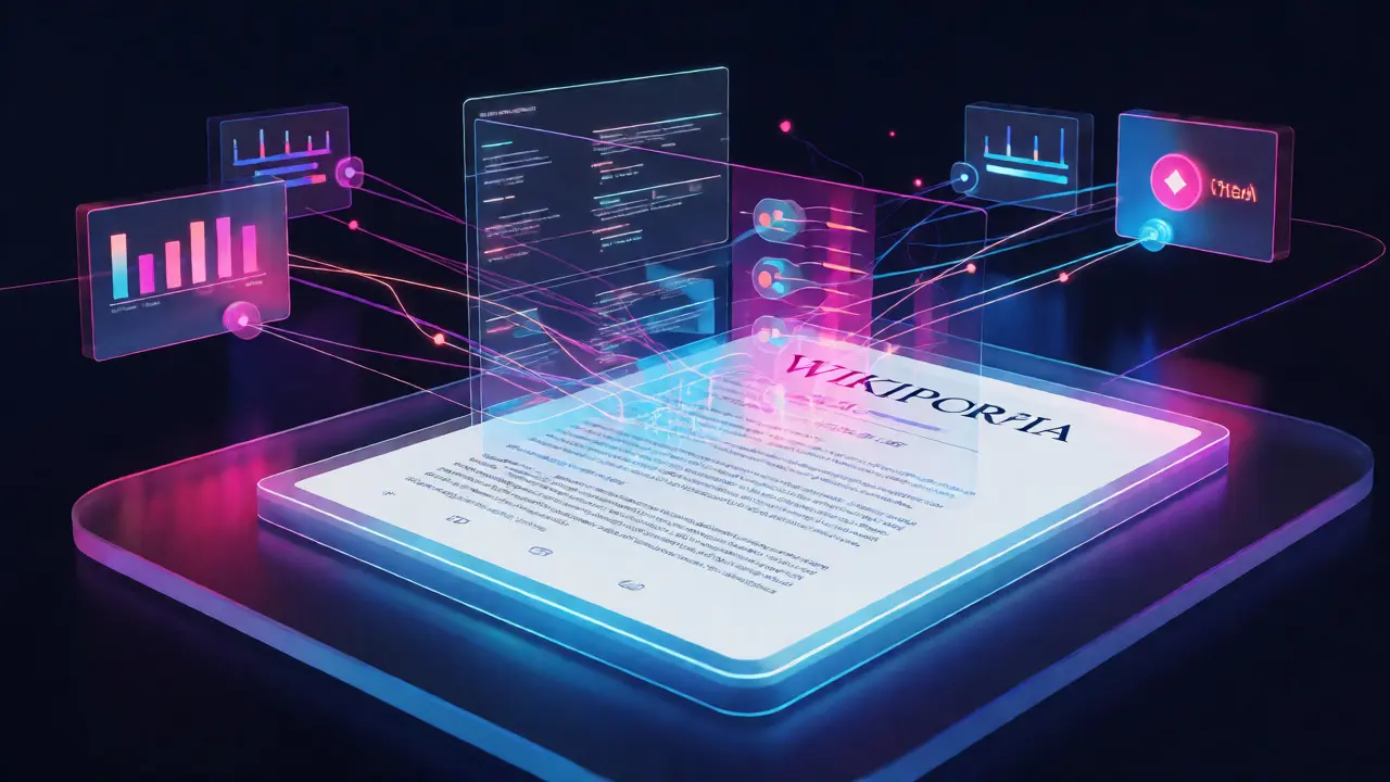Holographic data streams integrating into a clean futuristic article layout