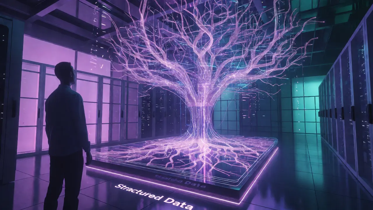 Holographic data tree rooted in structured data, representing AI search integration.