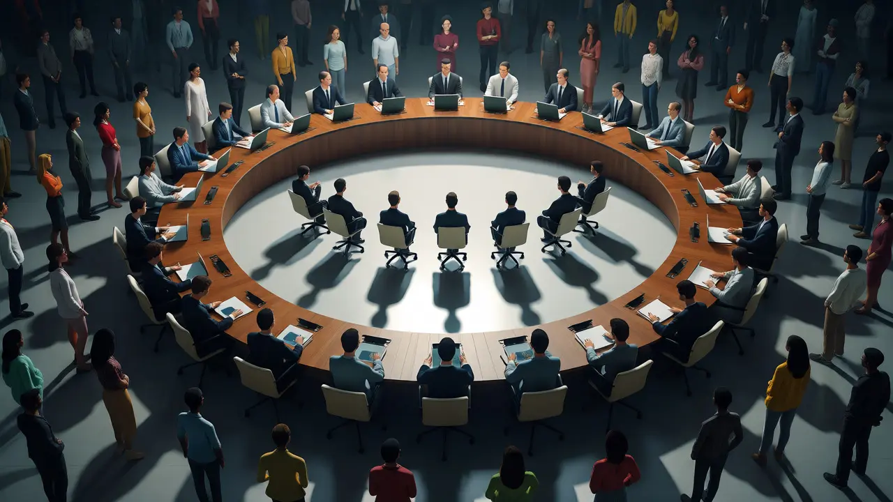 Homogeneous group of editors at a table with diverse voices excluded in the shadows.