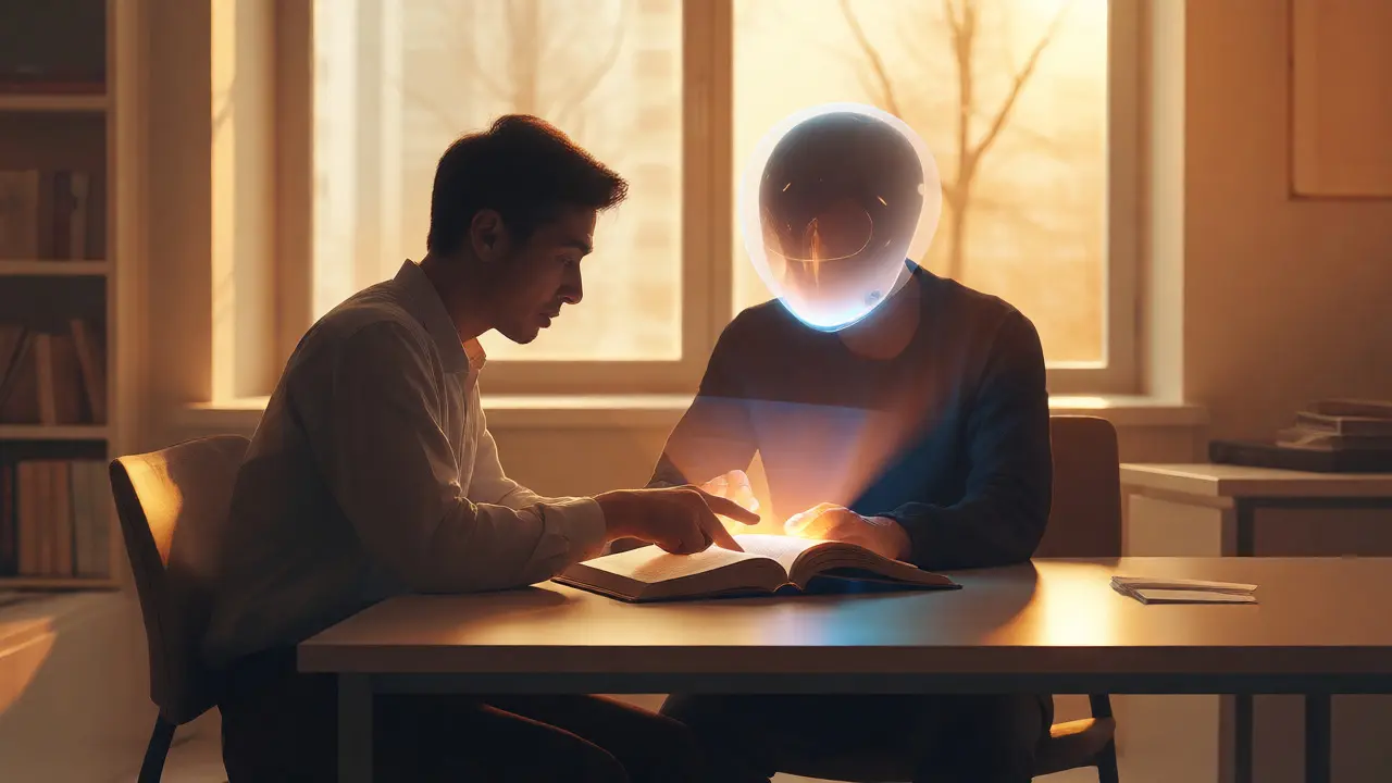 Human and AI collaboratively reviewing a book in a sunlit, harmonious workspace.