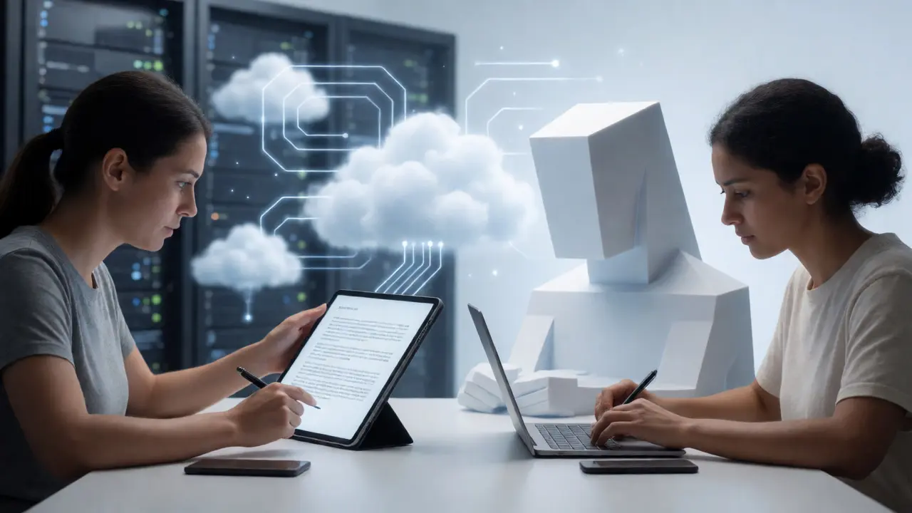 Human editors collaborating with abstract AI tools in a futuristic workspace.