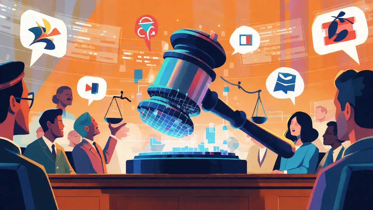 Illustration of a digital community debate resembling a chaotic courtroom trial.