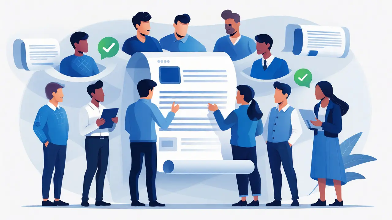 Illustration of community moderators reviewing an unblock request together