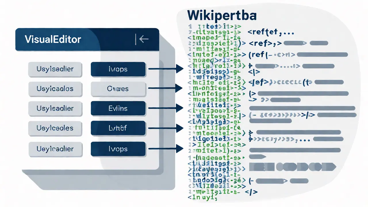 Illustration of VisualEditor buttons translating to Wikitext code