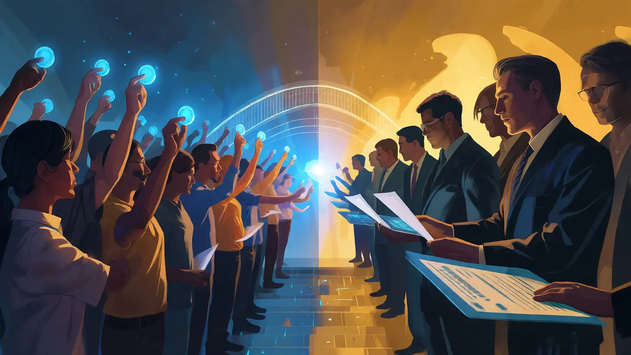 Illustration of volunteers voting and experts collaborating