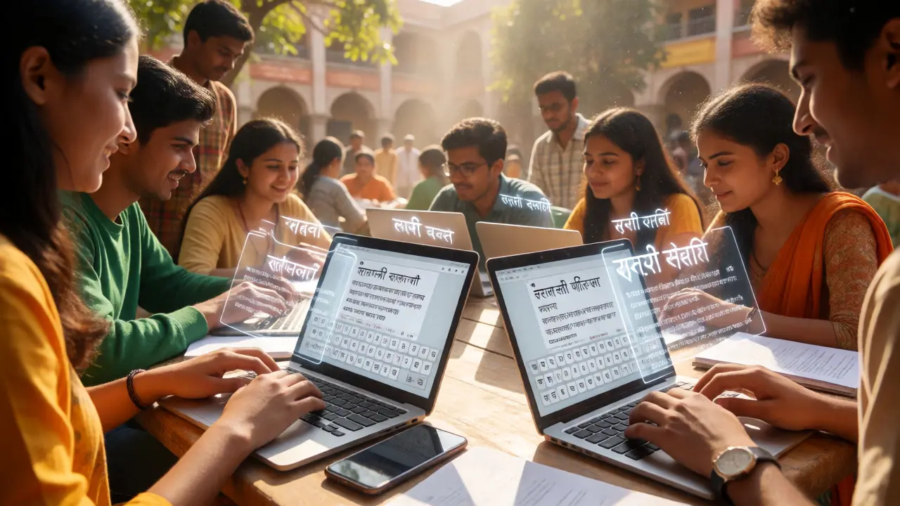 Indian students collaborating on Hindi Wikipedia articles using mobile devices in a sunny courtyard.