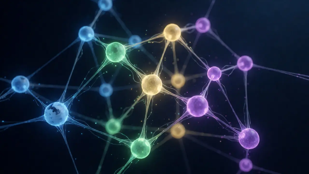 Interconnected glowing nodes representing Wikimedia sister projects.