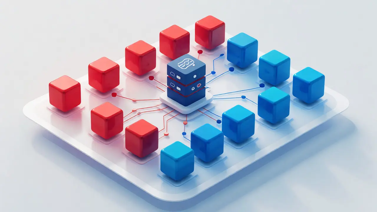 Isometric 3D dashboard showing red and blue data cubes for log monitoring