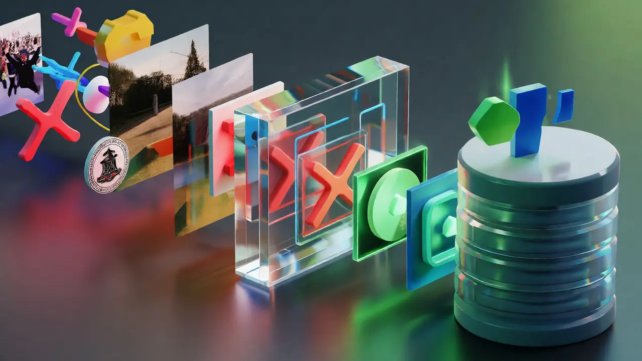 Isometric 3D diagram showing images passing through a digital licensing filter.