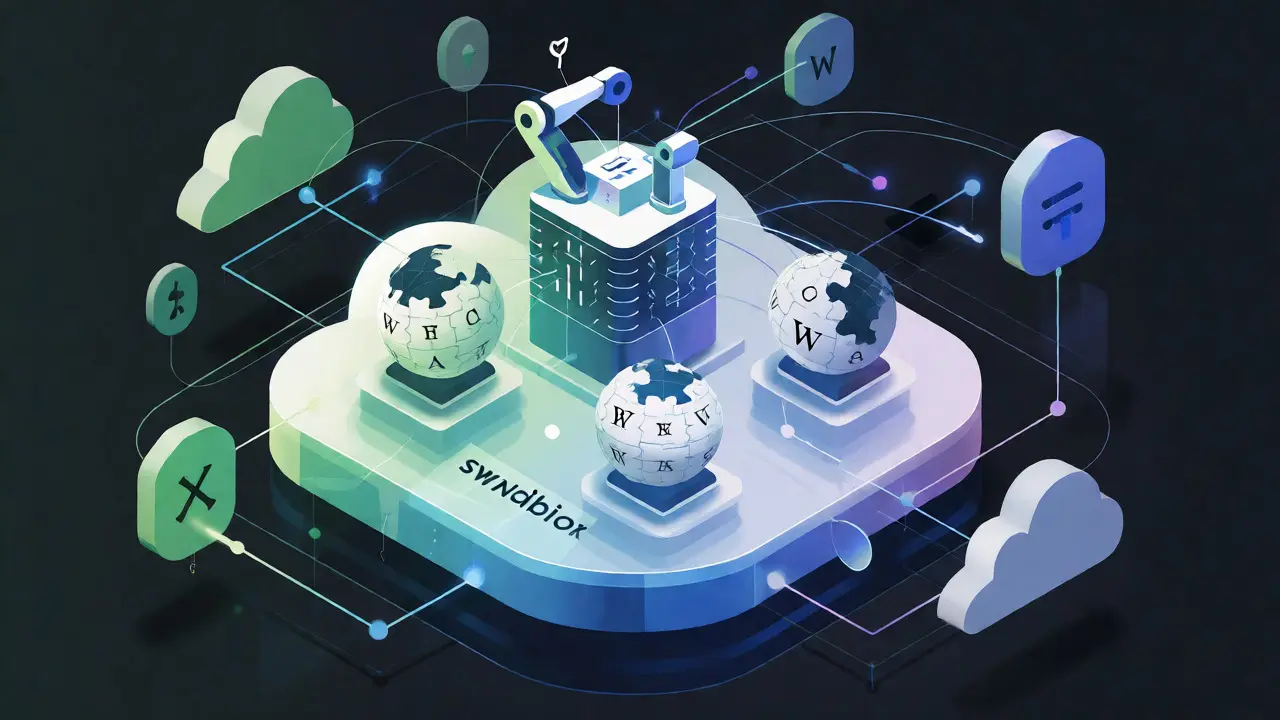 Isometric 3D illustration of Wikipedia data flowing into a cloud sandbox