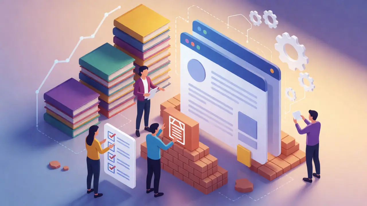 Isometric 3D render of contributors building a wiki structure, symbolizing credibility and community collaboration.
