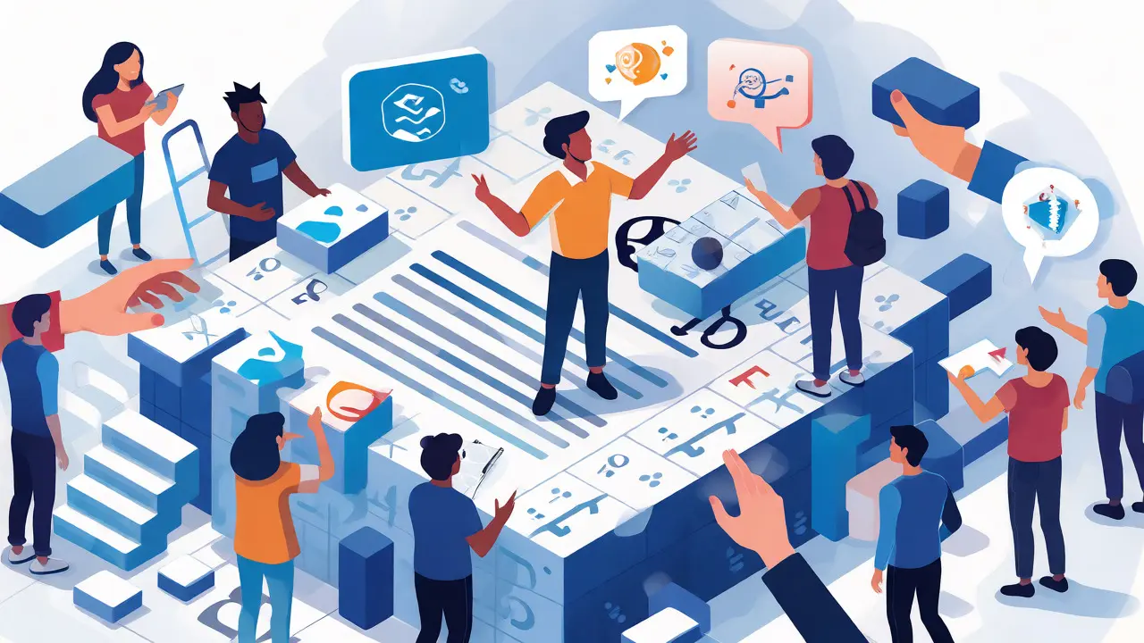 Isometric illustration of collaborative Wikipedia editing process