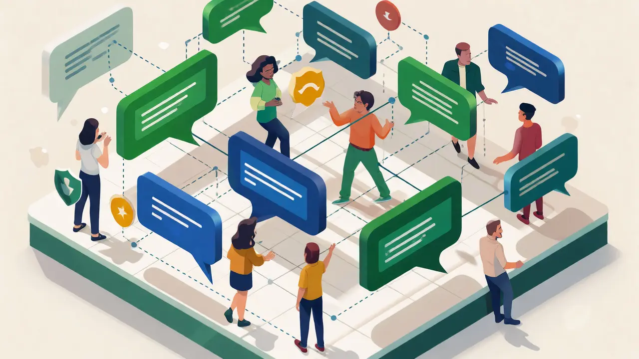 Isometric illustration of structured, nested discussion threads for Wikipedia talk pages.