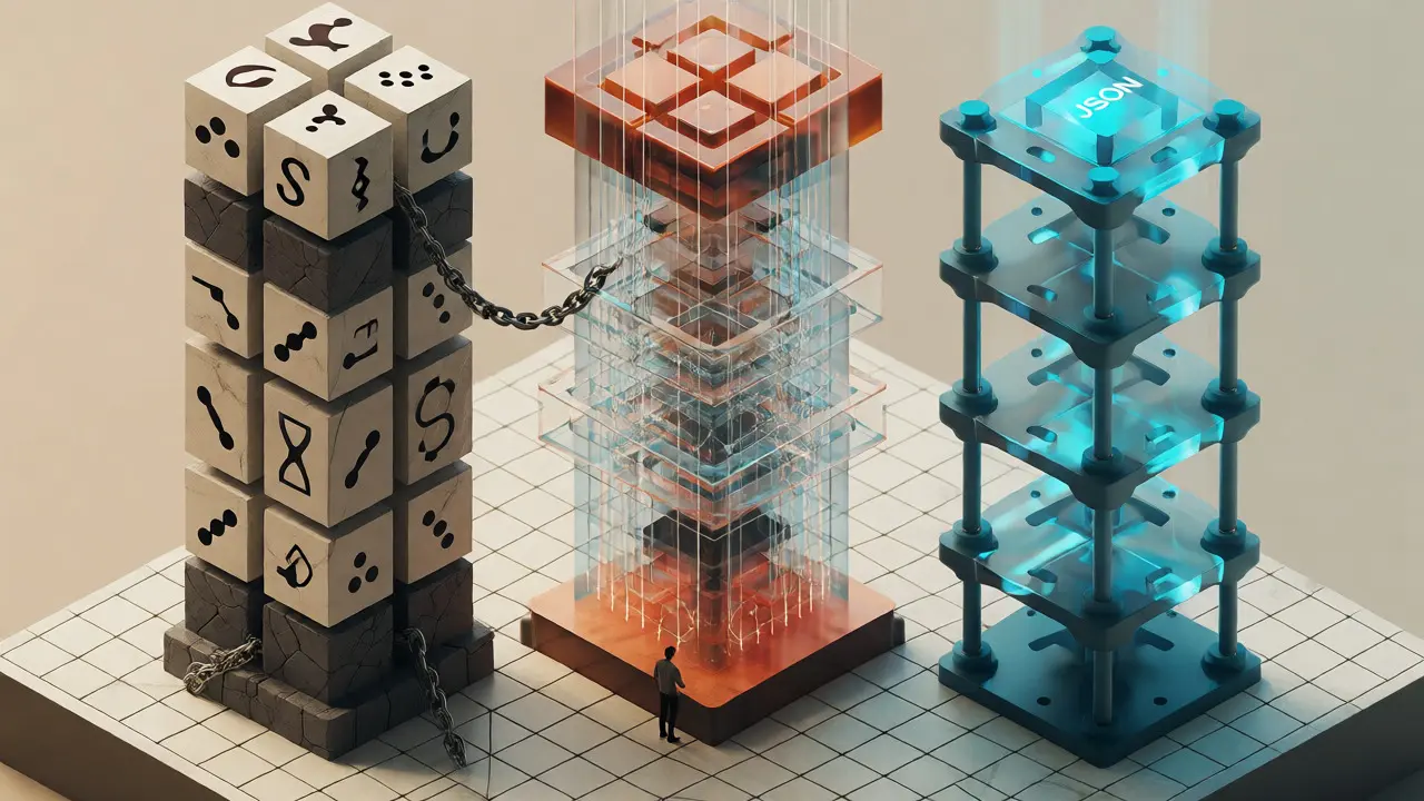 Isometric view comparing SQL, XML, and JSON structures as architectural pillars.