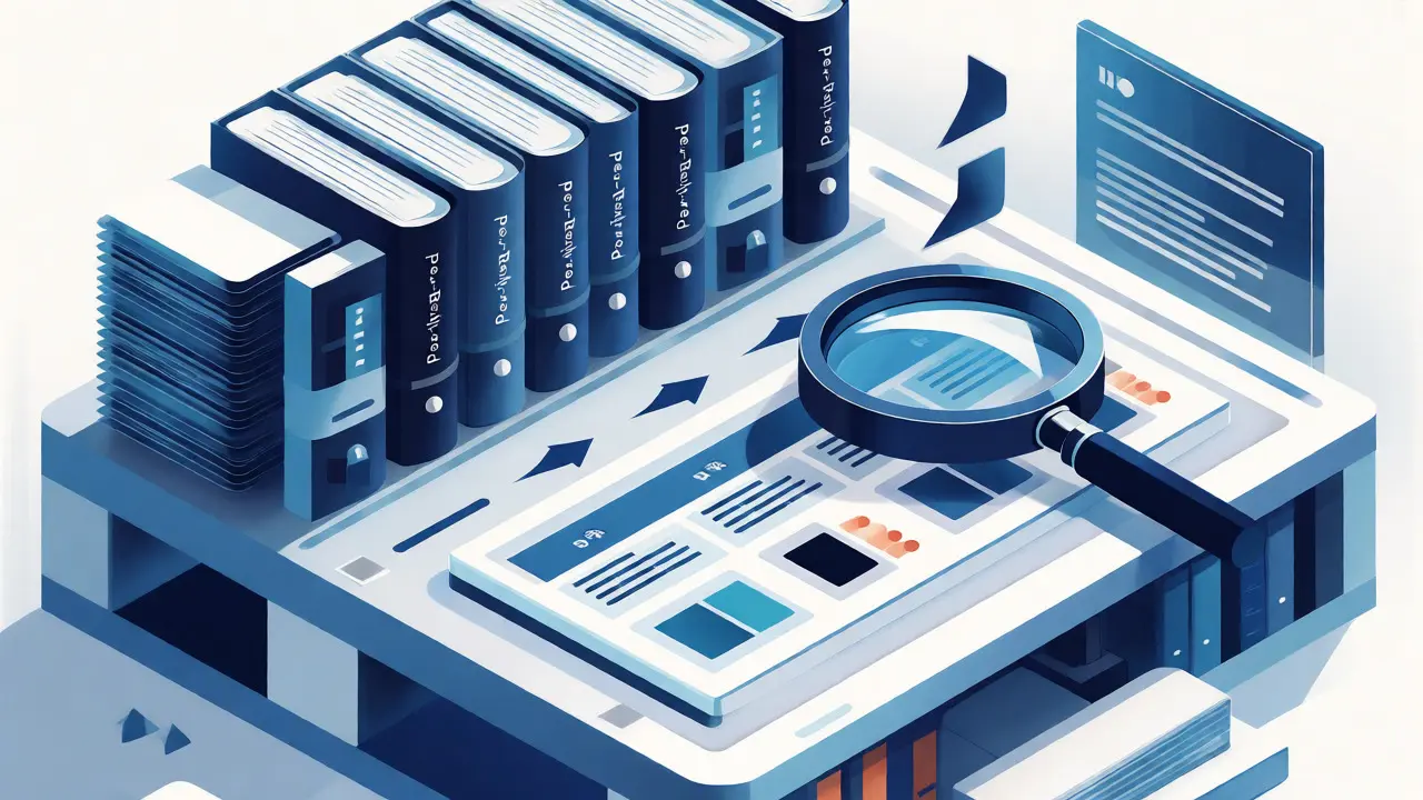 Isometric view of an organized library database with peer-reviewed journals highlighted