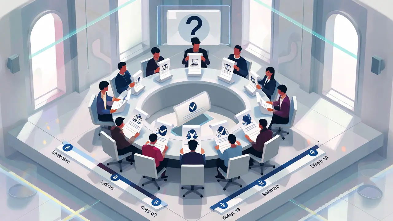 Isometric view of editors discussing around a table with policy icons and a timeline bar.