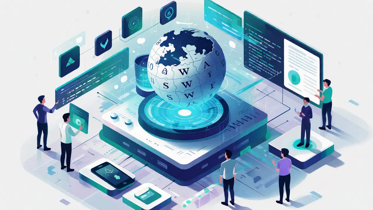 Isometric view of engineers managing Wikipedia's technical infrastructure