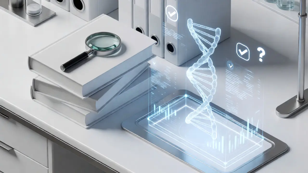 Isometric view of medical textbooks and holographic data in a lab setting.