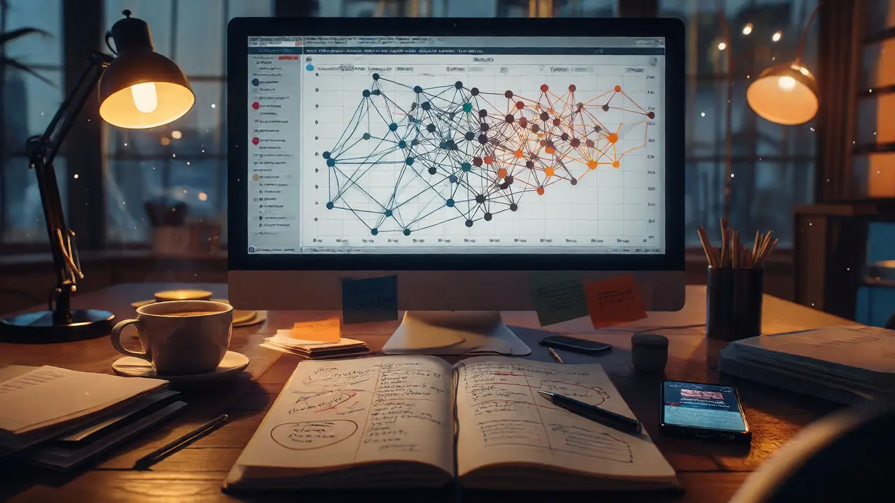 Journalist's desk with screen showing Wikipedia editor network graph
