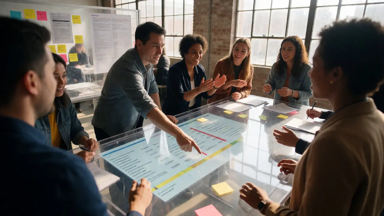 Journalists collaborating around a digital table in a bright, modern newsroom.