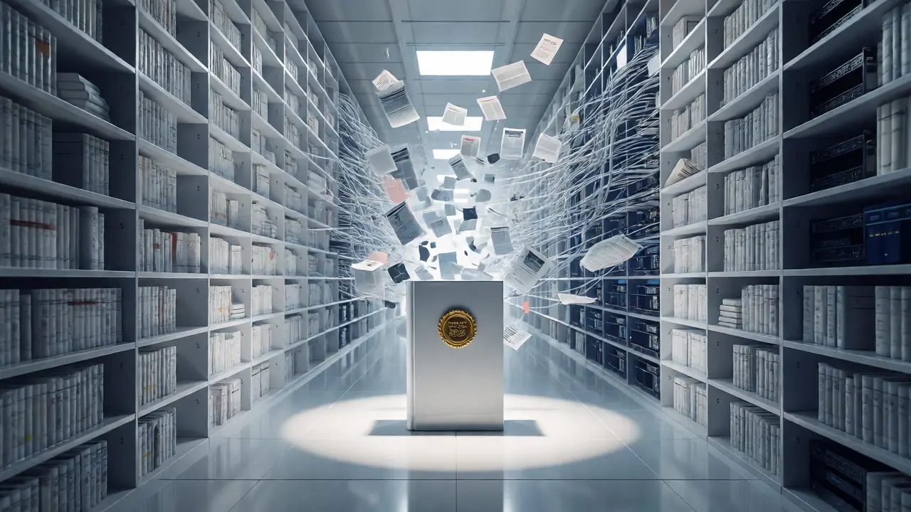Library shelves turning into digital servers with a highlighted reliable book.