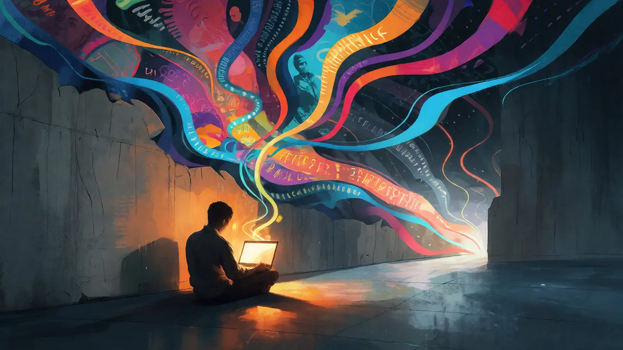 Light flowing from a laptop breaking through gray walls, symbolizing uncensored information