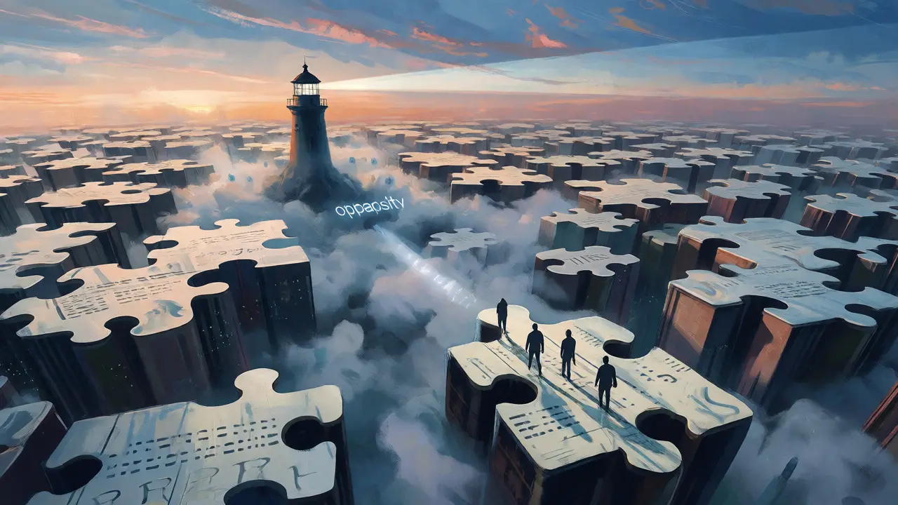 Lighthouse beam cutting through fog over a fragmented digital landscape of books.