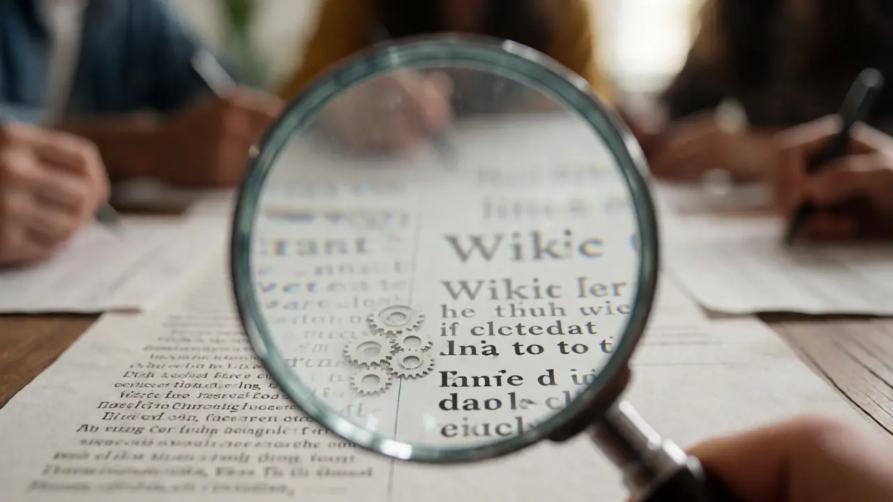 Magnifying glass examining text details to prevent misinformation in collaborative editing.
