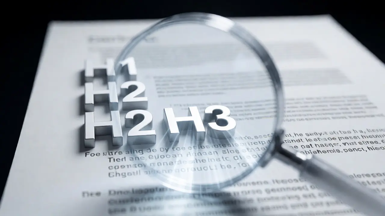 Magnifying glass highlighting hierarchical heading tags for accessibility and SEO