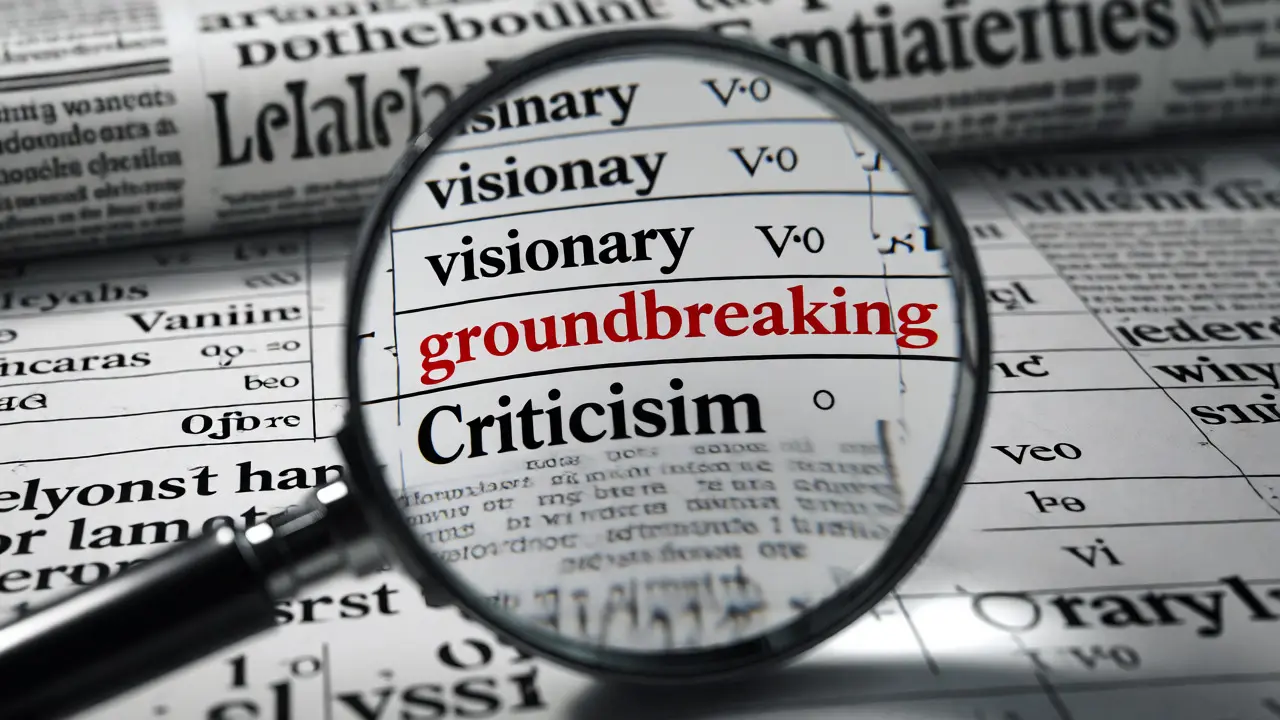 Magnifying glass inspecting a document for biased language and removed criticism sections.