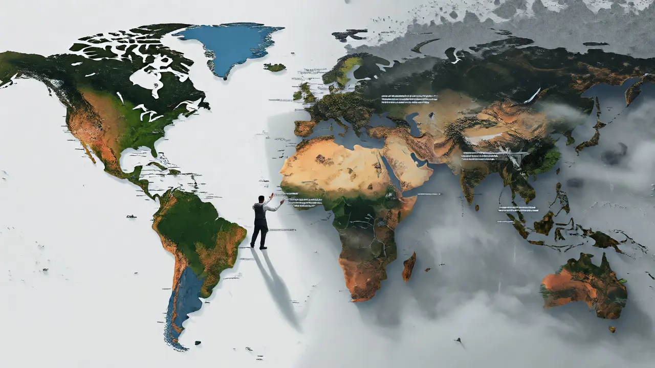 Map showing clear Western regions versus foggy, underrepresented Global South areas.