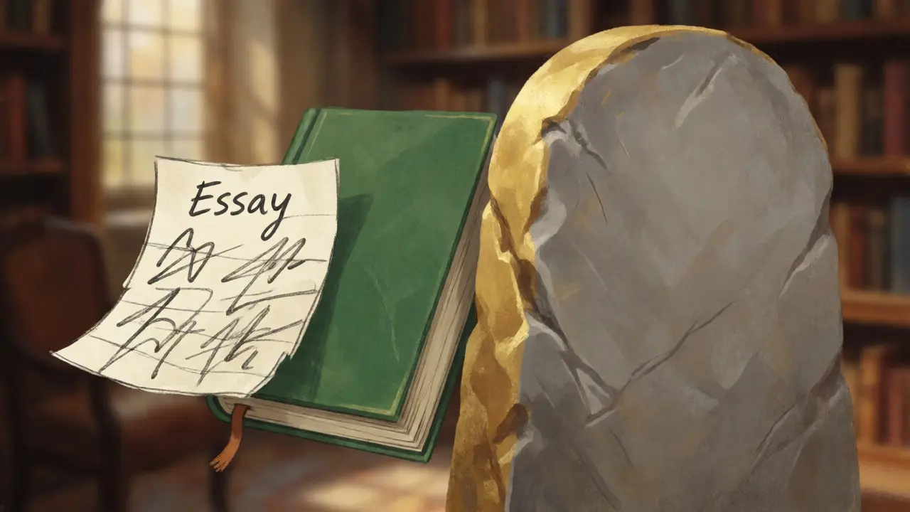 Metaphorical evolution of Wikipedia rules from essay sketches to stone policy tablets.