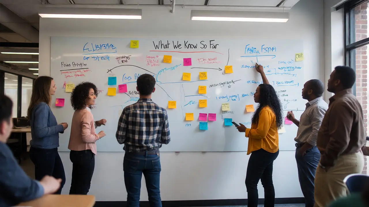 News team collaborating around a whiteboard to organize conflicting breaking news details.