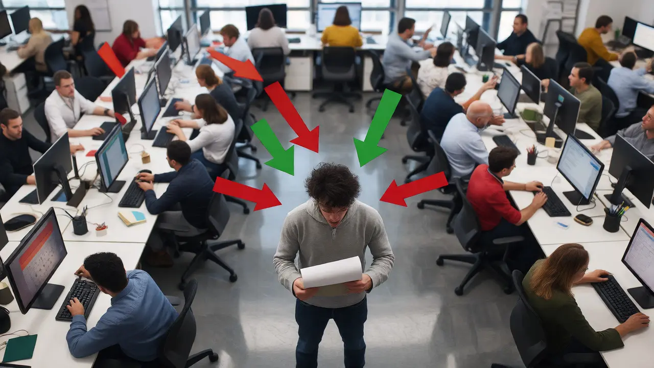 Person receiving feedback arrows from a crowd of editors in an office.