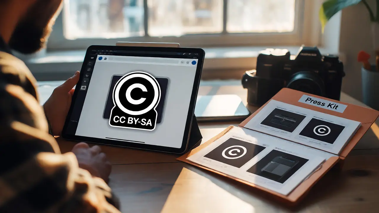 Photographer reviewing CC-licensed product photos and organized press kit folder