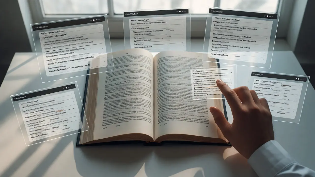Researcher's desk with an open book and floating digital citation interfaces.
