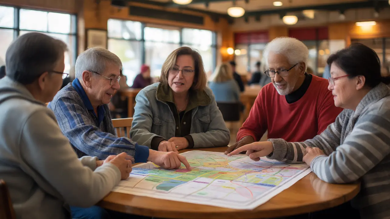 Residents discussing neighborhood coverage on a city map