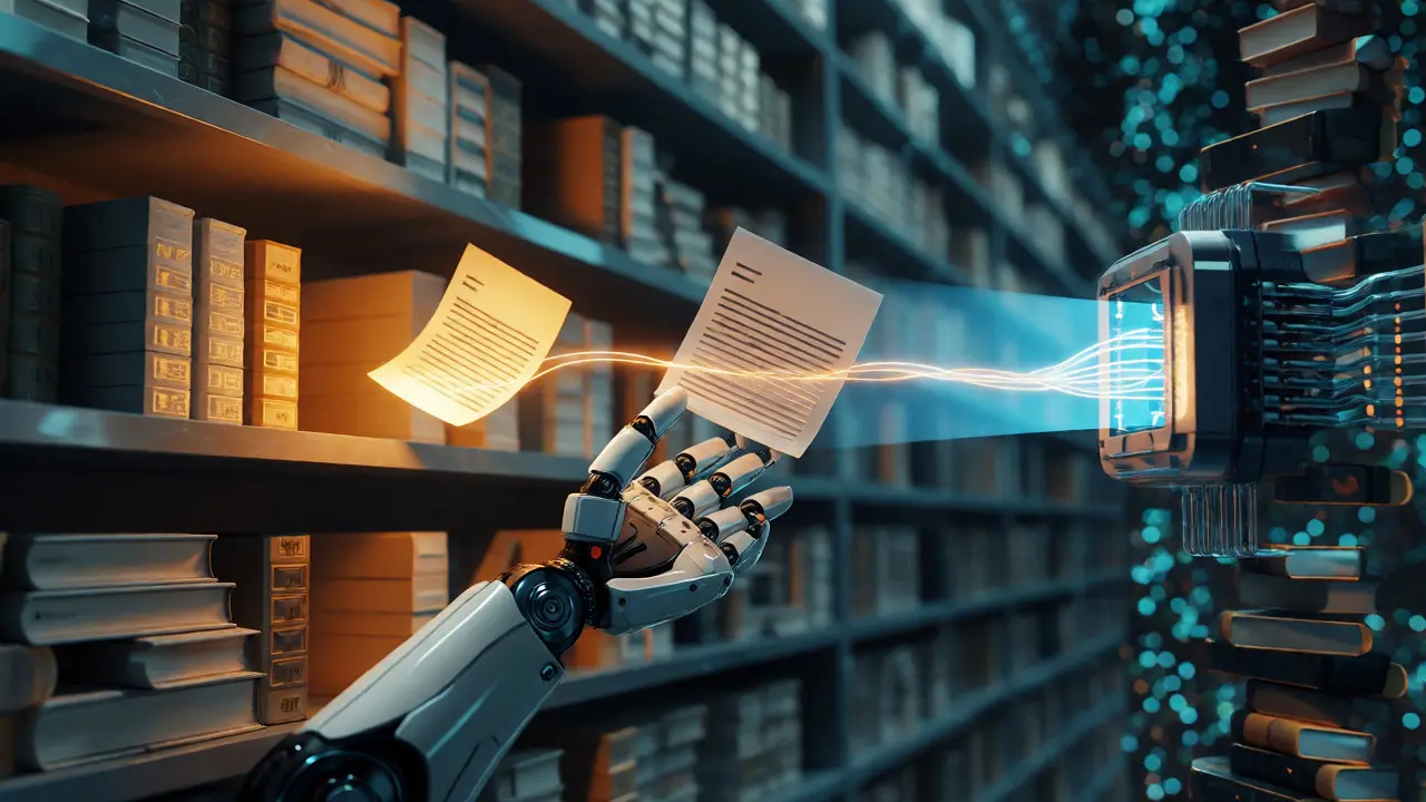 Robotic arm retrieving a glowing document from a library for AI processing