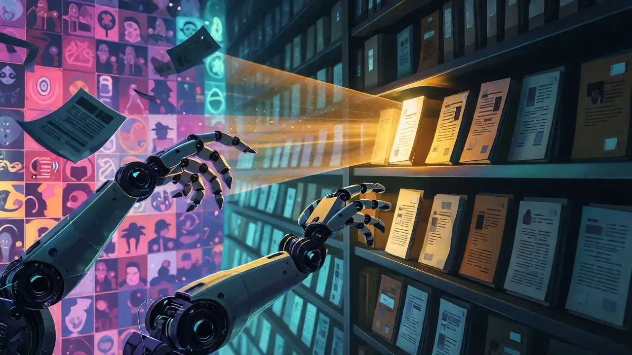 Robotic arms archiving articles under a beam of human review light.
