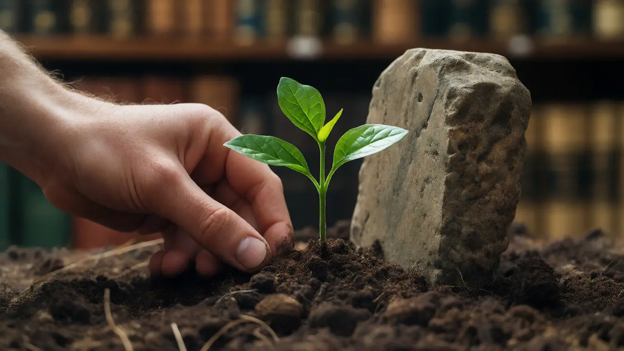 Sapling planted beside stone marker symbolizing renewal