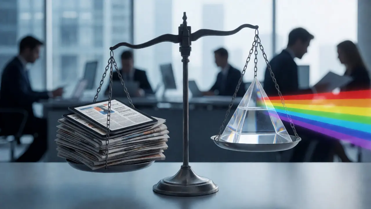 Scales balancing newspapers against a prism, illustrating journalistic neutrality.