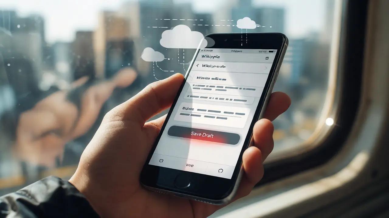 Smartphone displaying a mobile Wikipedia editor with offline draft saving feature.