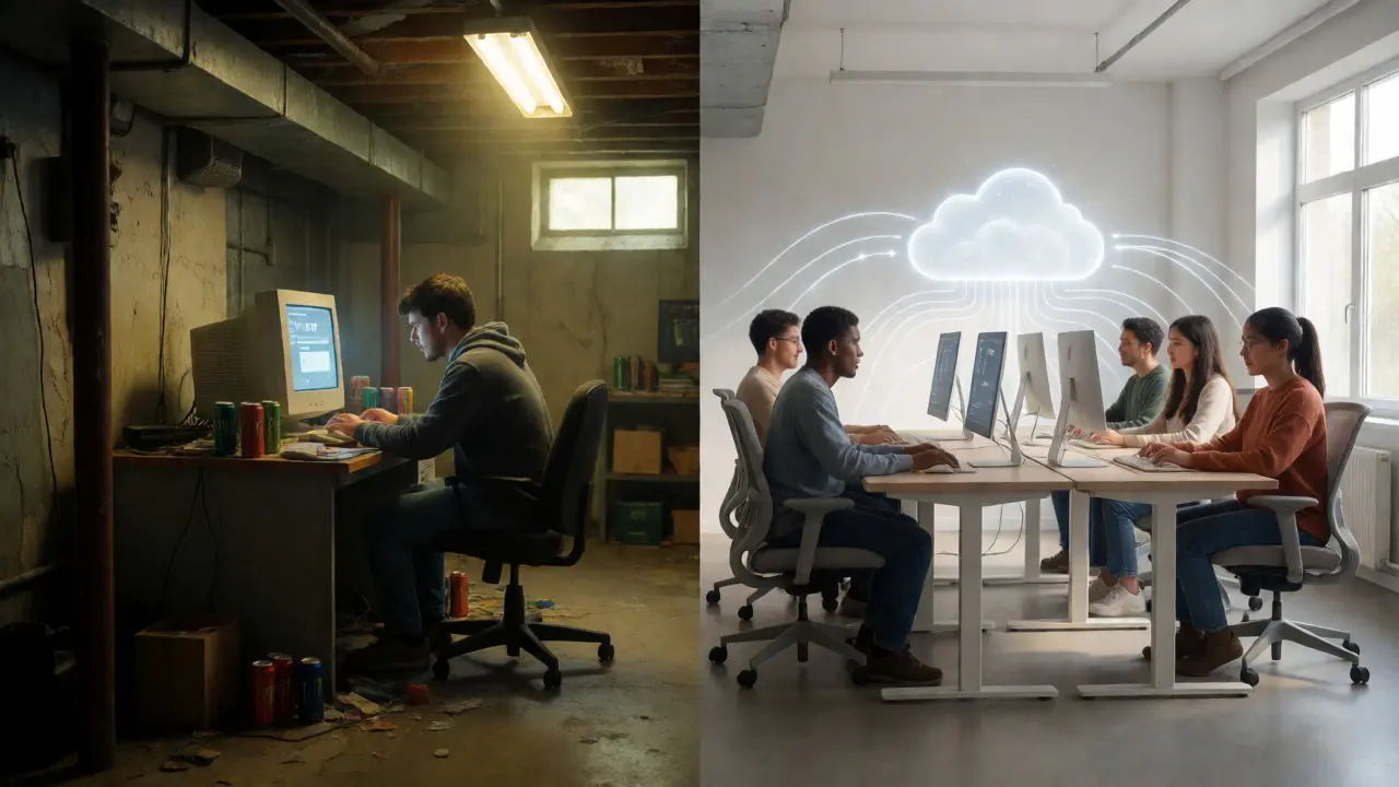 Split image comparing a stereotypical basement editor with a diverse, supported collaborative team.
