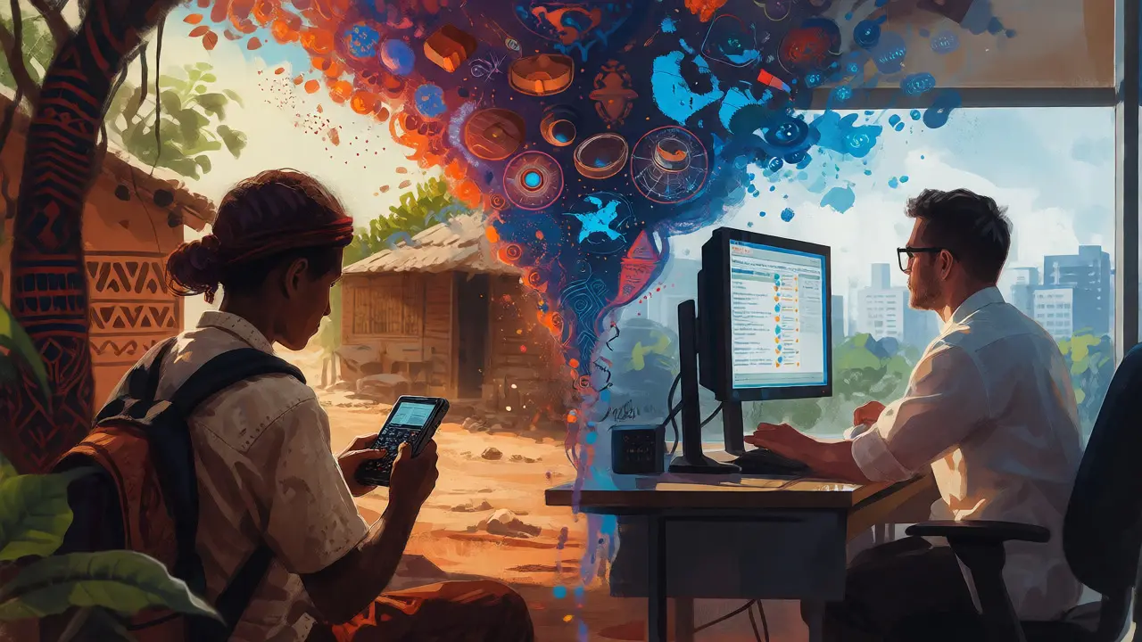 Split scene showing students in rural and urban settings sharing equal access to digital knowledge.