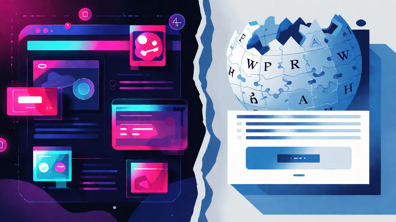 Split-screen comparison of a cluttered ad-filled webpage versus a clean encyclopedia page with a subtle prompt.