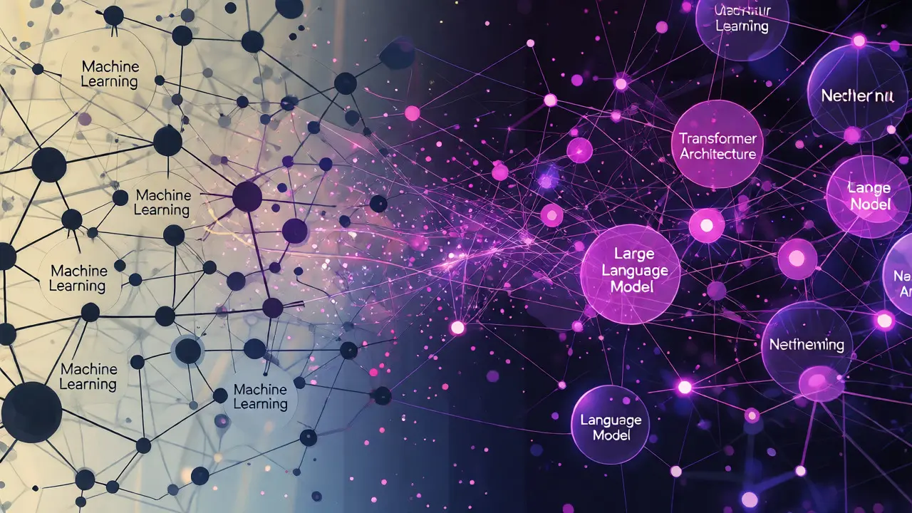 Split view comparing sparse early AI networks with dense modern AI concept webs.