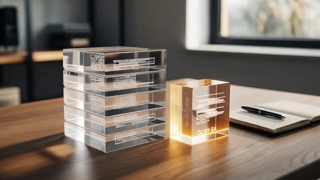 Stacked transparent blocks with etched data structures on a desk