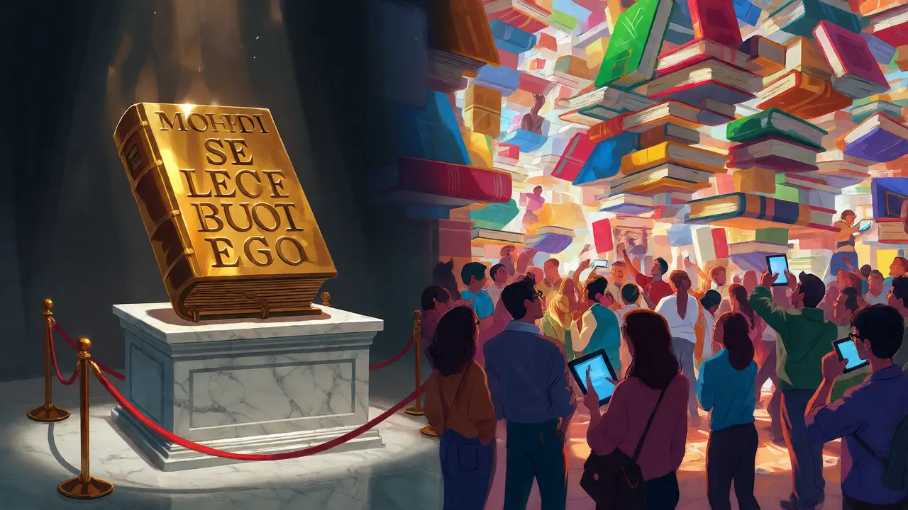 Static golden statue on a pedestal next to a crowd building a dynamic book structure.