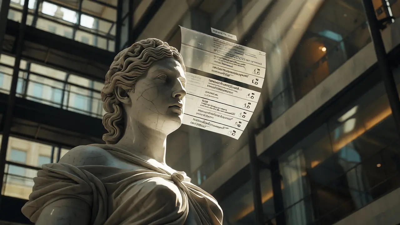 Statue of justice overlaid with digital edit lines, representing truth vs. revision.